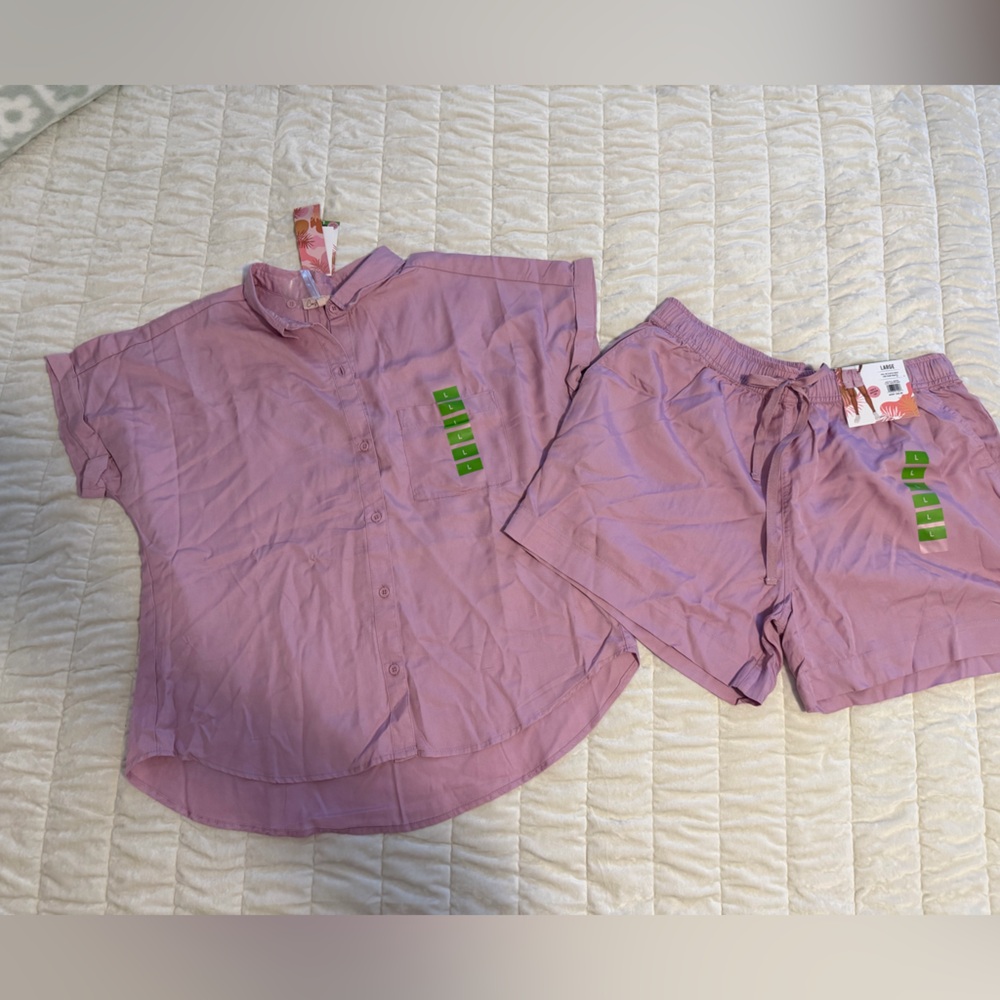 Coastal Blue Lilac Button-Up Top and Drawstring Shorts Set